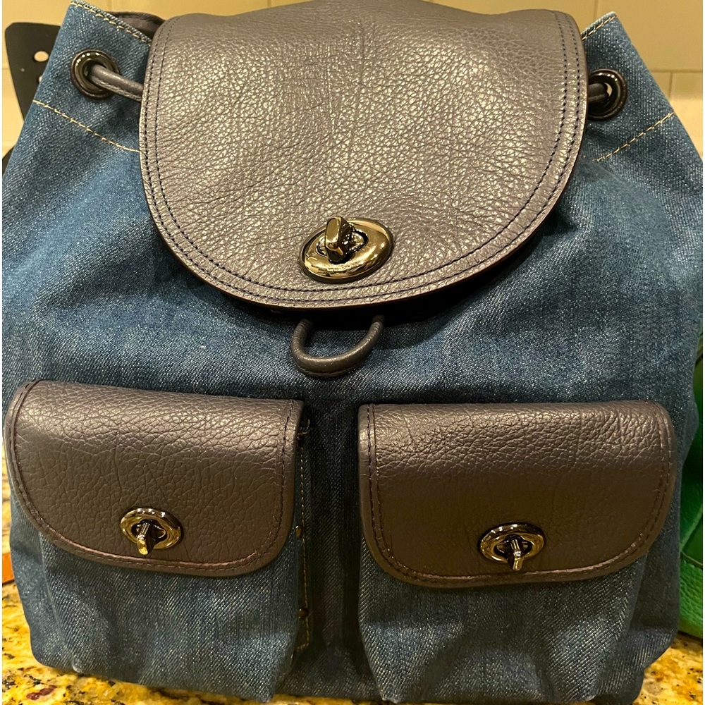 Coach Denim and Navy Leather Turnlock Backpack